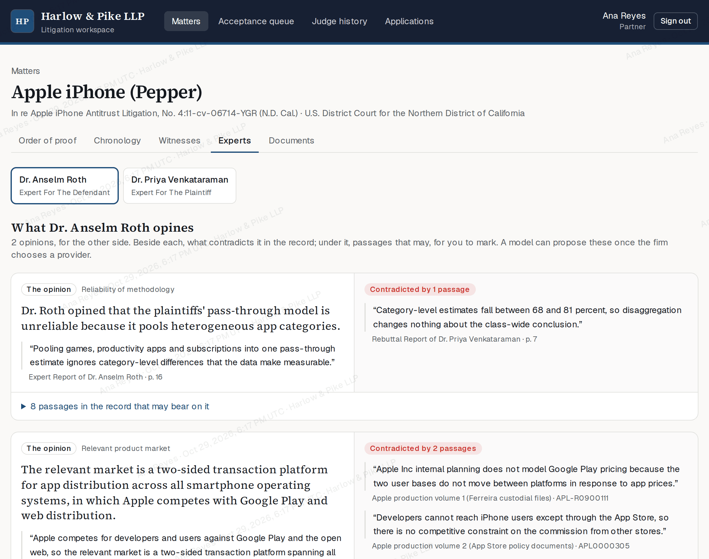 The experts view for the Apple iPhone matter at Harlow & Pike: Dr. Anselm Roth's opinions for the defendant, each beside the passages in the record that contradict it, with their documents and Bates numbers.